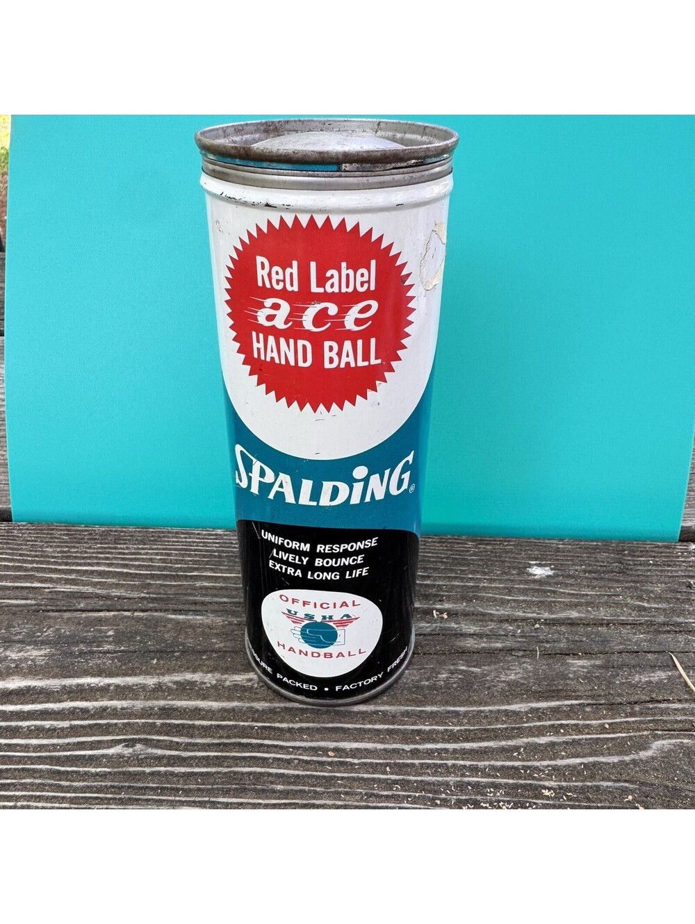 Vintage Spalding Red Label Ace Handball Can Metal Advertising Display Tin